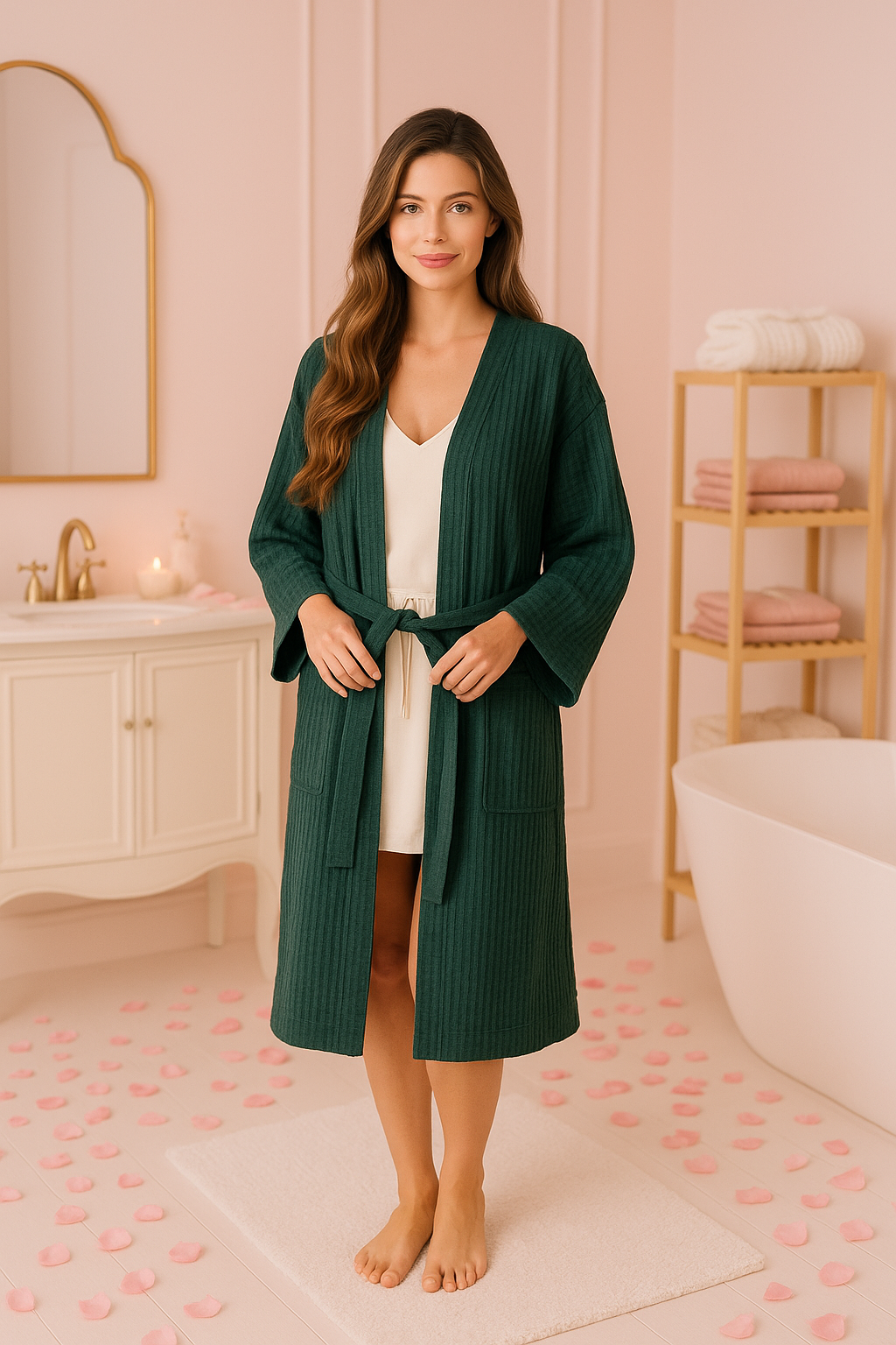 Set of linen waffle robes with towels
